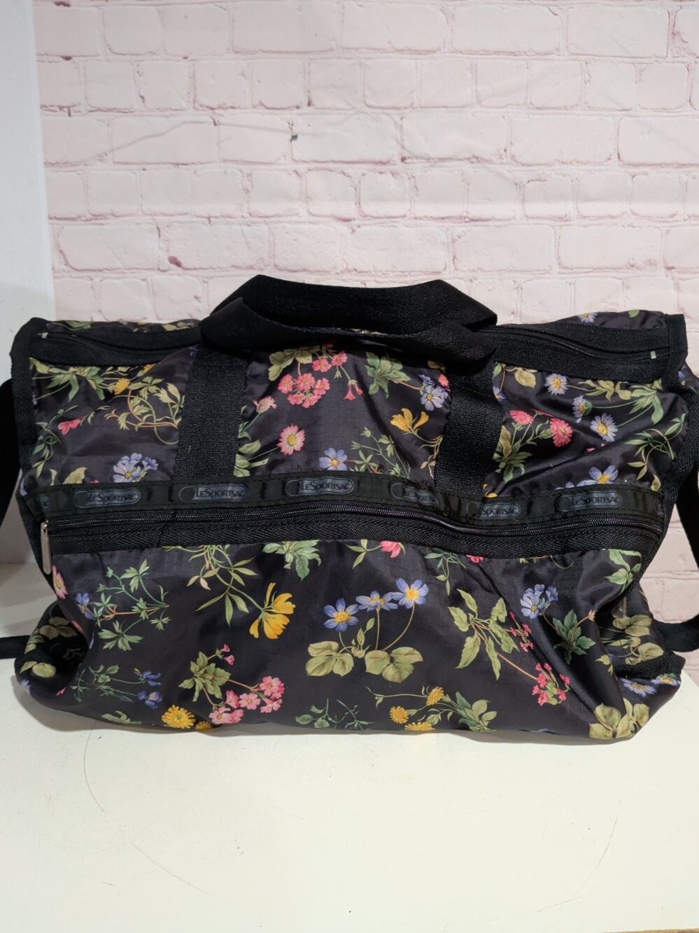 LeSportsac Black Floral Botanical Print Duffel Bag 19" Soft Side Crossbody